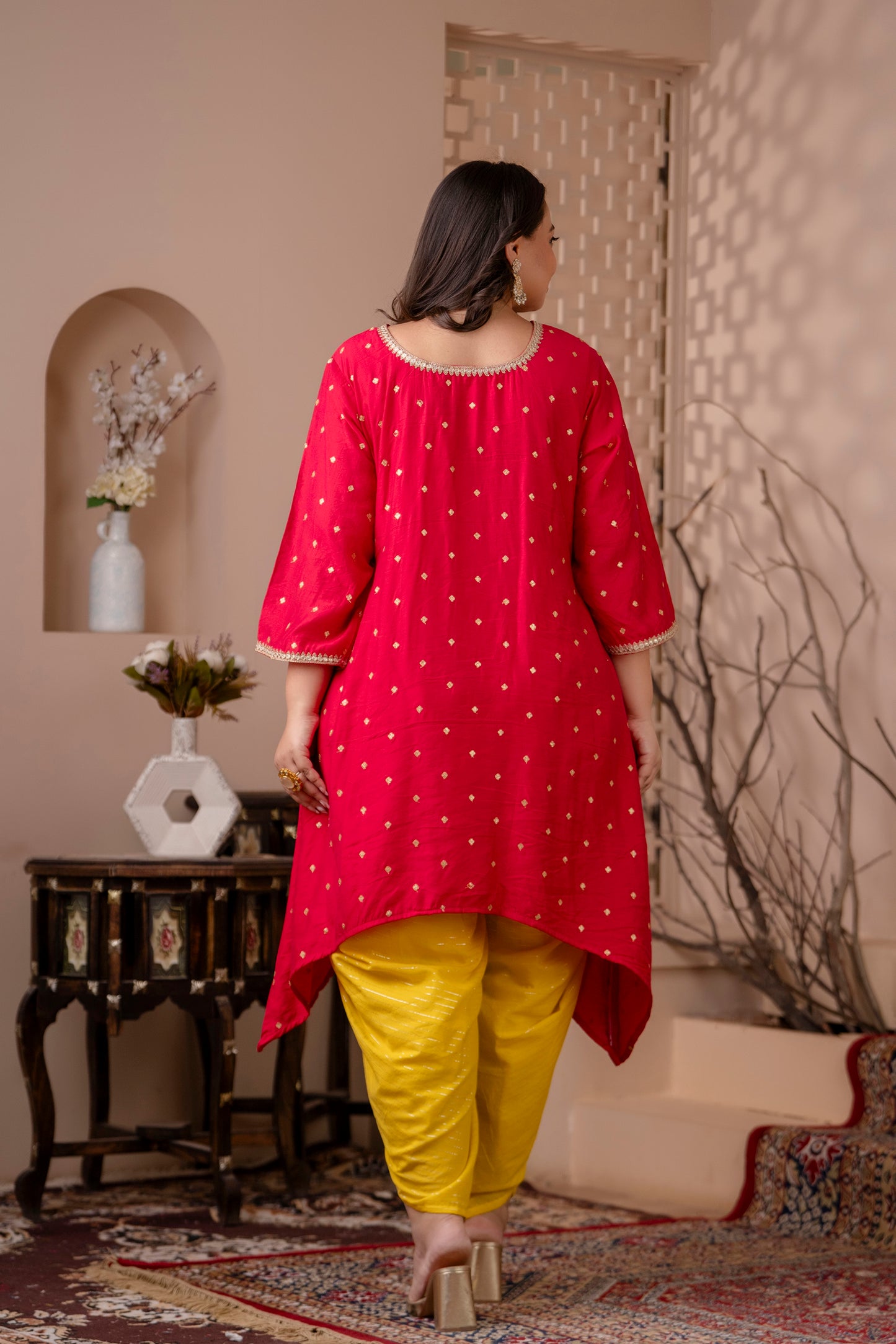 Asymetrical Pink Silk Kurta & Yellow Lurex Dhoti