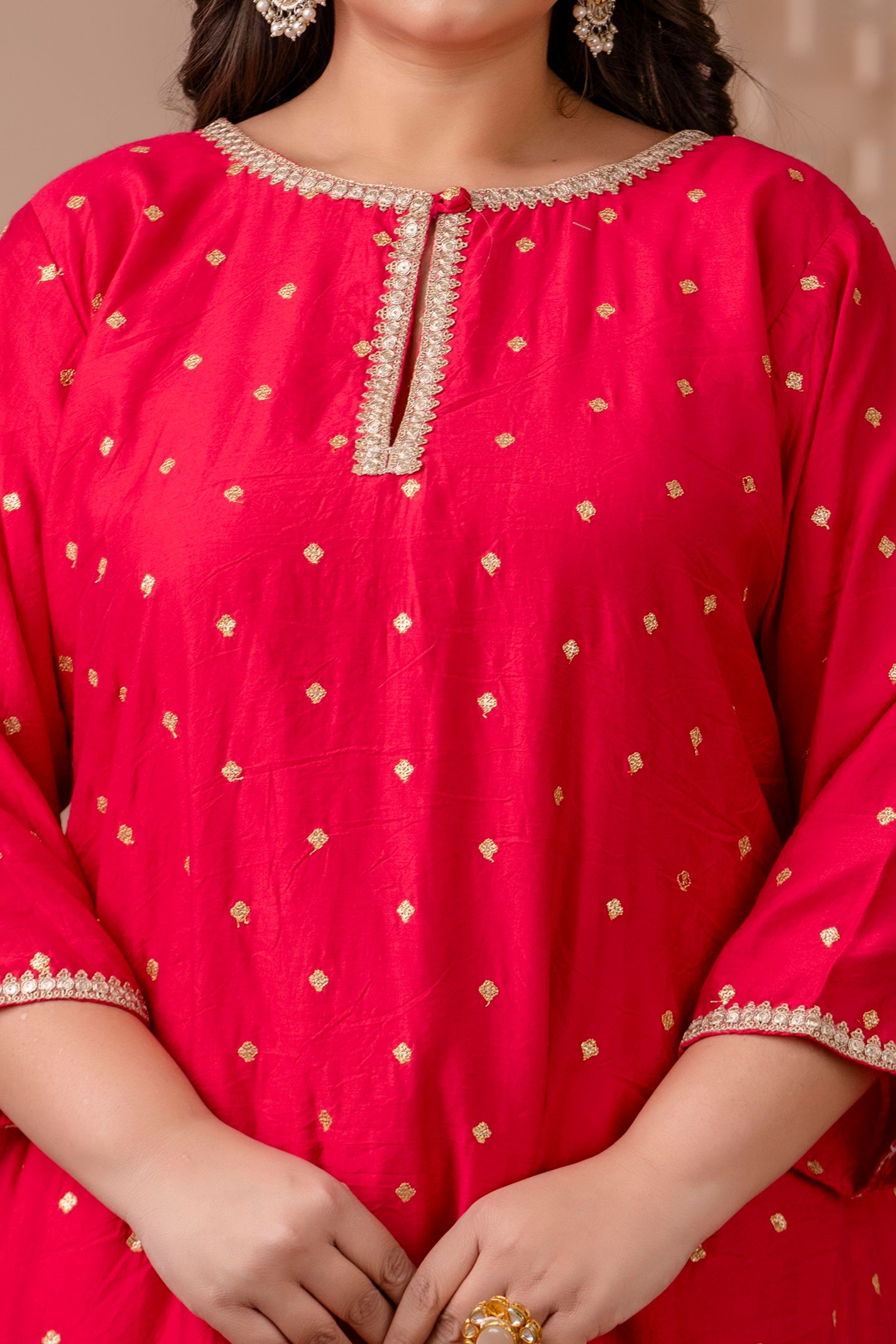 Asymetrical Pink Silk Kurta & Yellow Lurex Dhoti