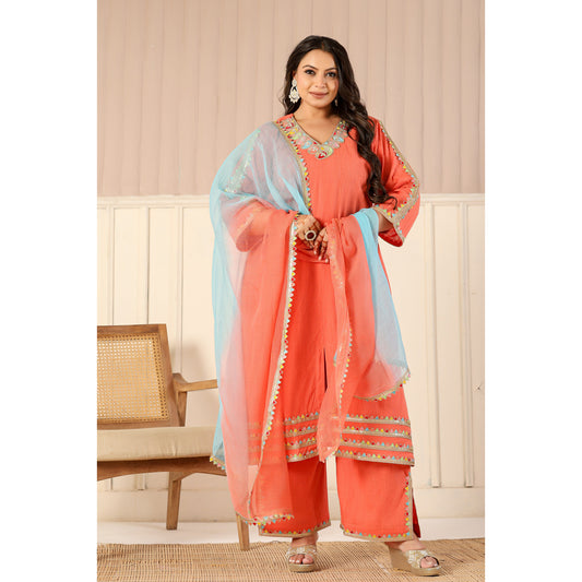 Peach Kurta Set With Lace Detail   with Sky Blue Dupatta