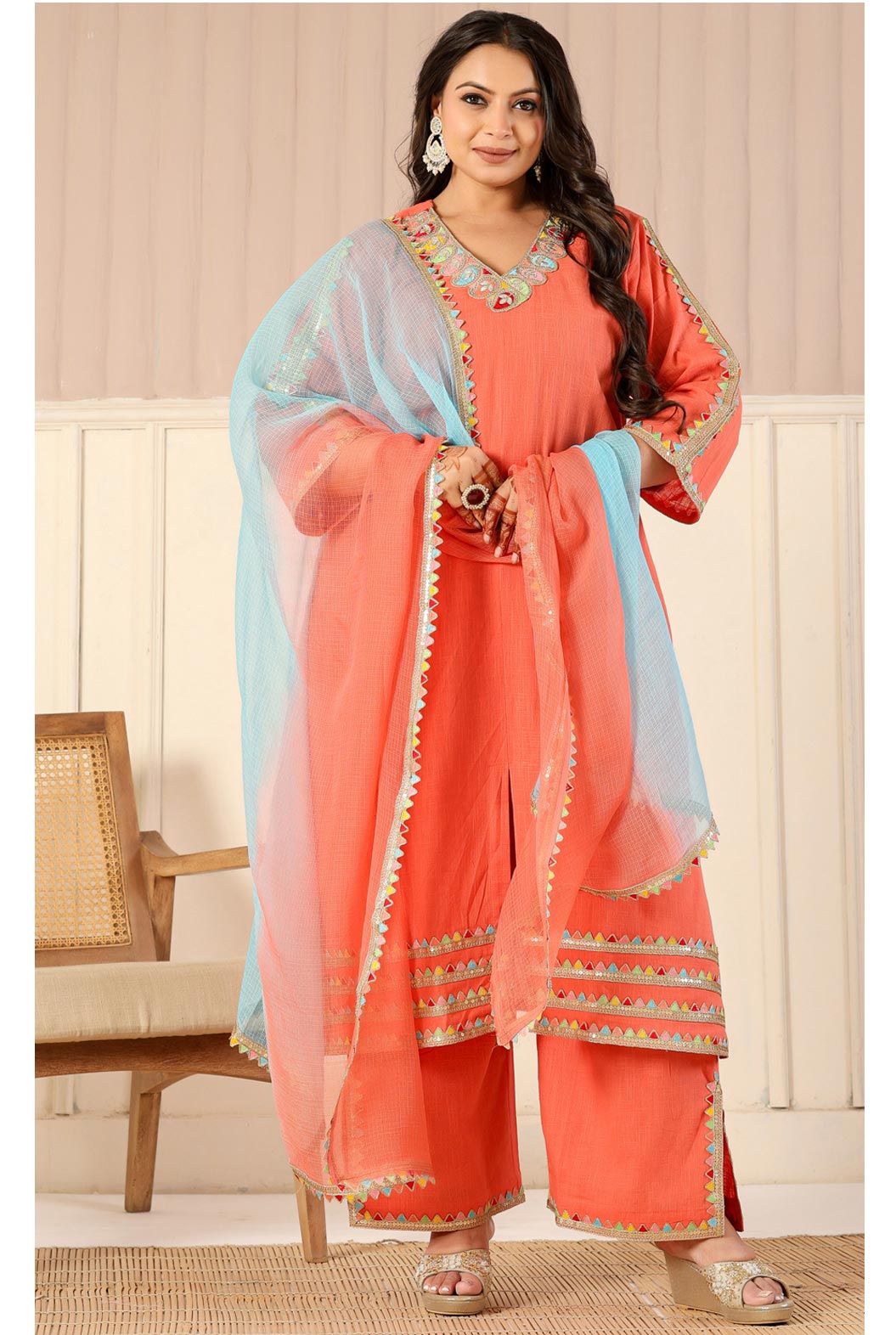 Peach Kurta Set With Lace Detail   with Sky Blue Dupatta