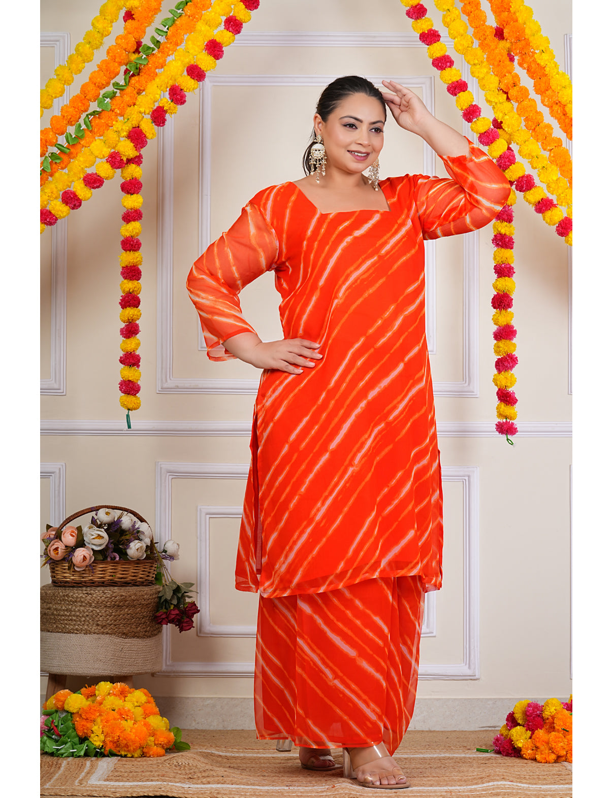 Orange Leheriya Semi Georgette Coord Set