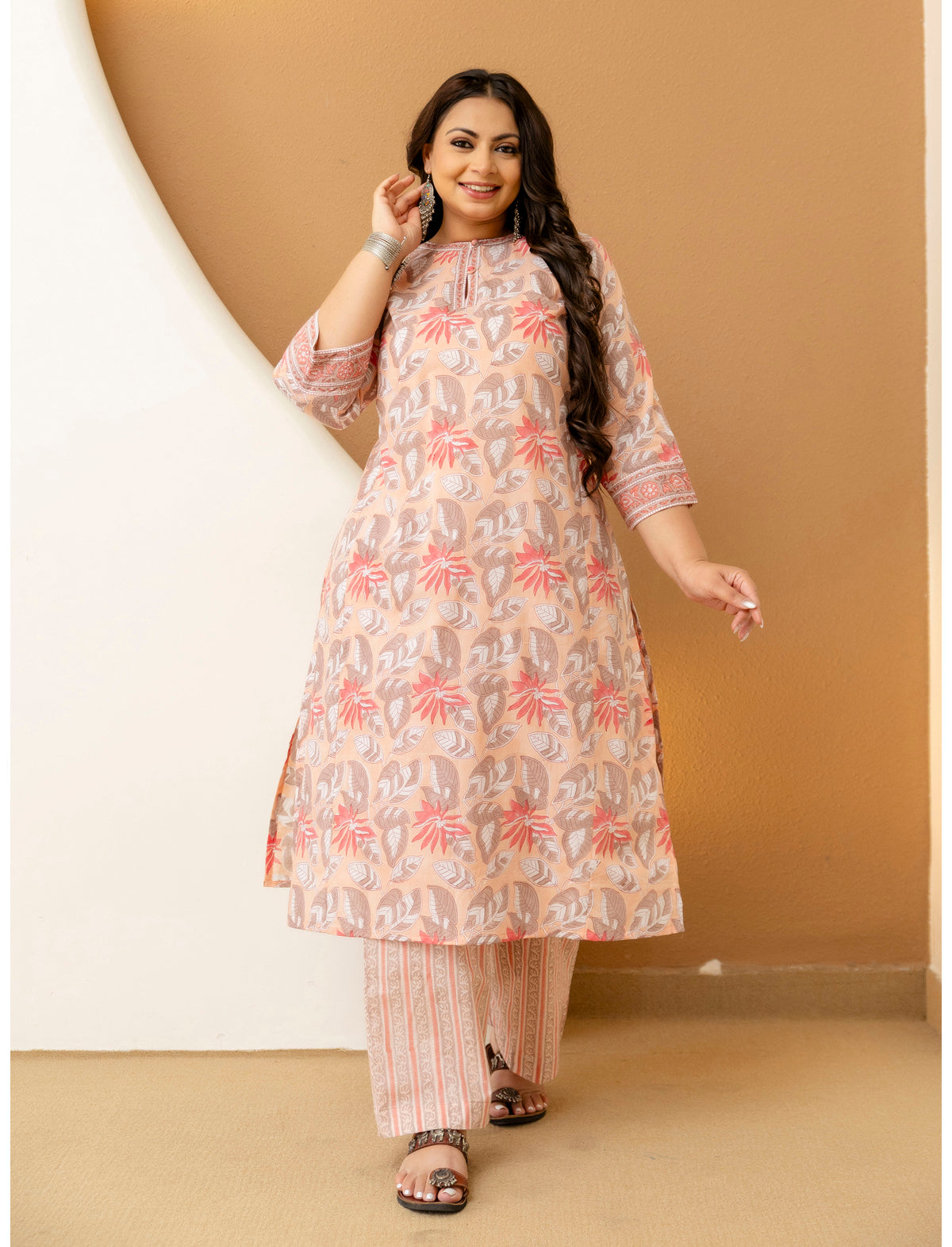 Plus Size Peach Floral Cotton Kurta Pant Set for Women