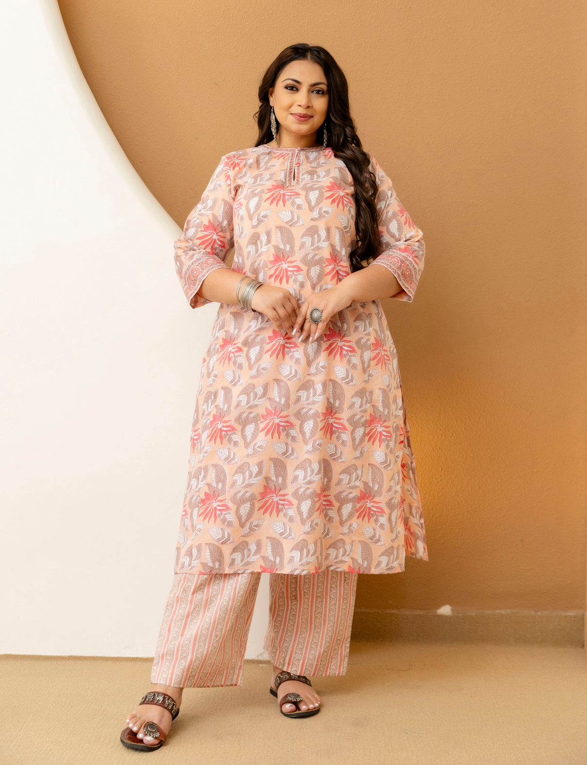 Plus Size Peach Floral Cotton Kurta Pant Set for Women