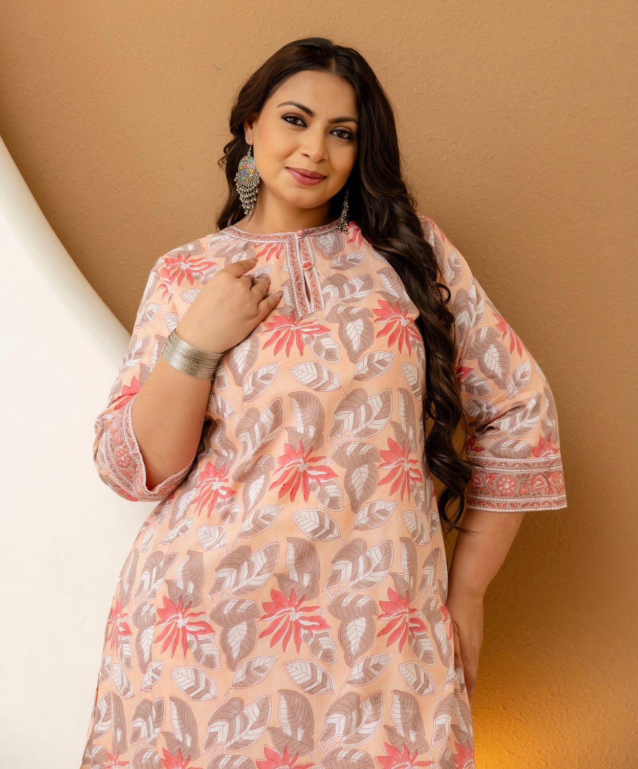 Plus Size Peach Floral Cotton Kurta Pant Set for Women