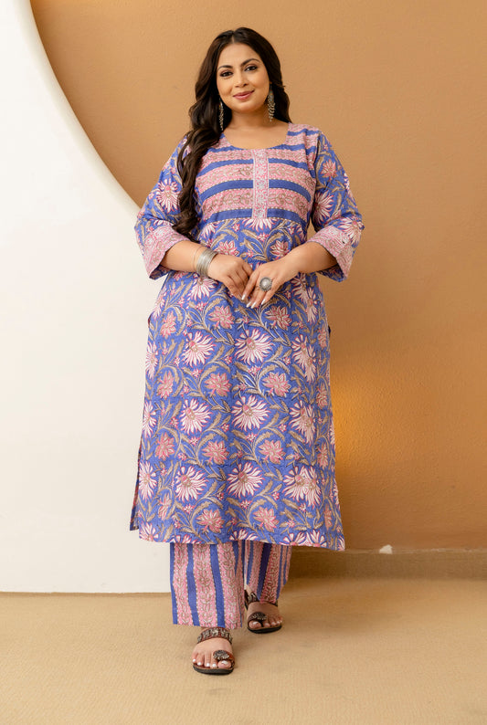 Blue Floral Printed Plus Size Kurta Pant Set for Women