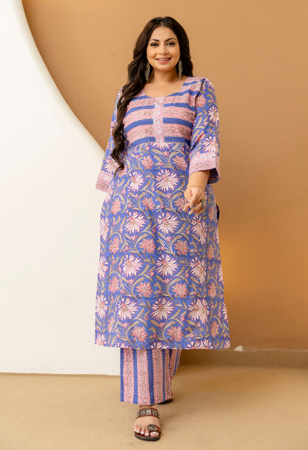 Blue Floral Printed Plus Size Kurta Pant Set for Women