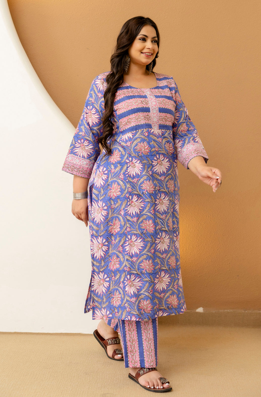 Blue Floral Printed Plus Size Kurta Pant Set for Women