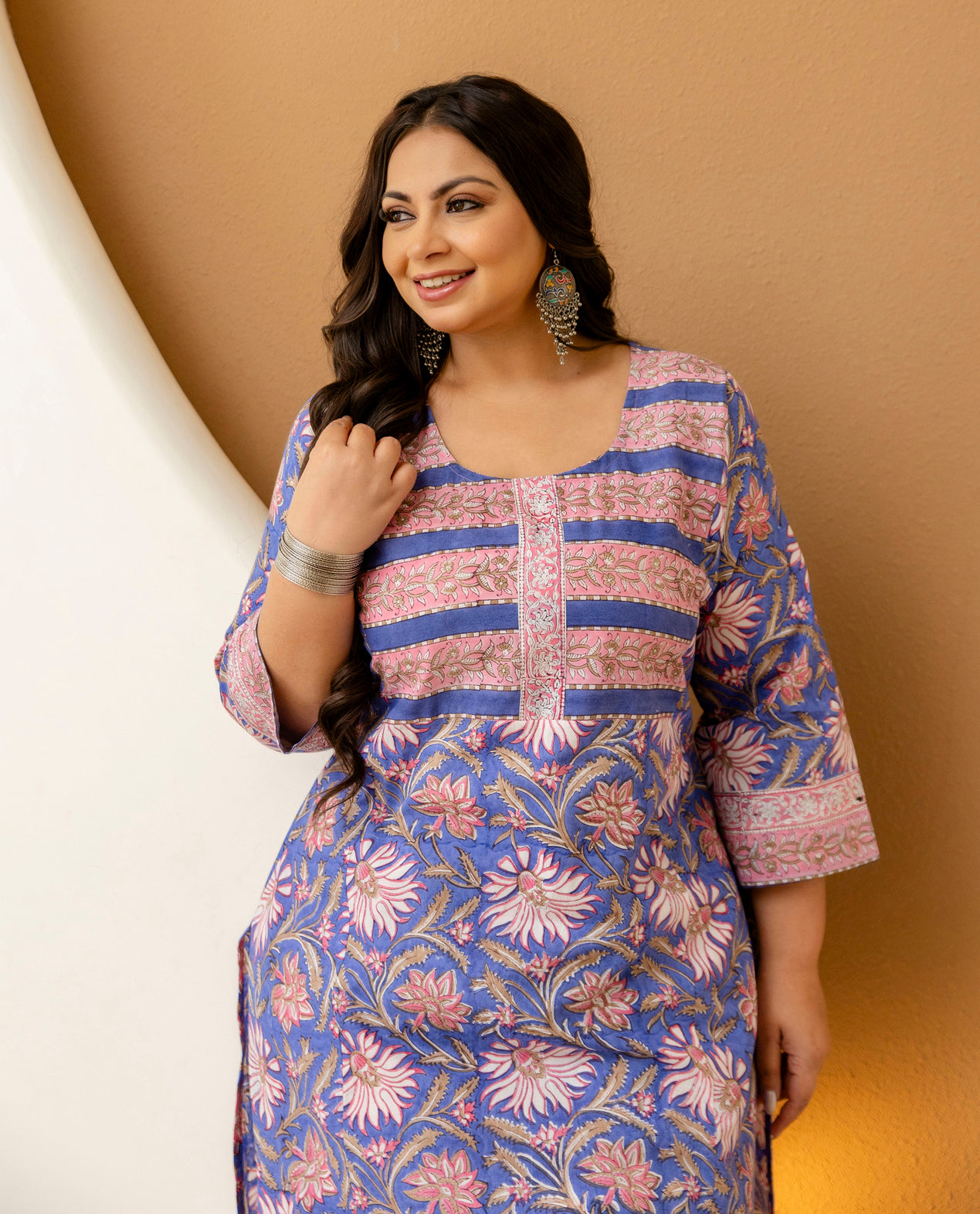 Blue Floral Printed Plus Size Kurta Pant Set for Women