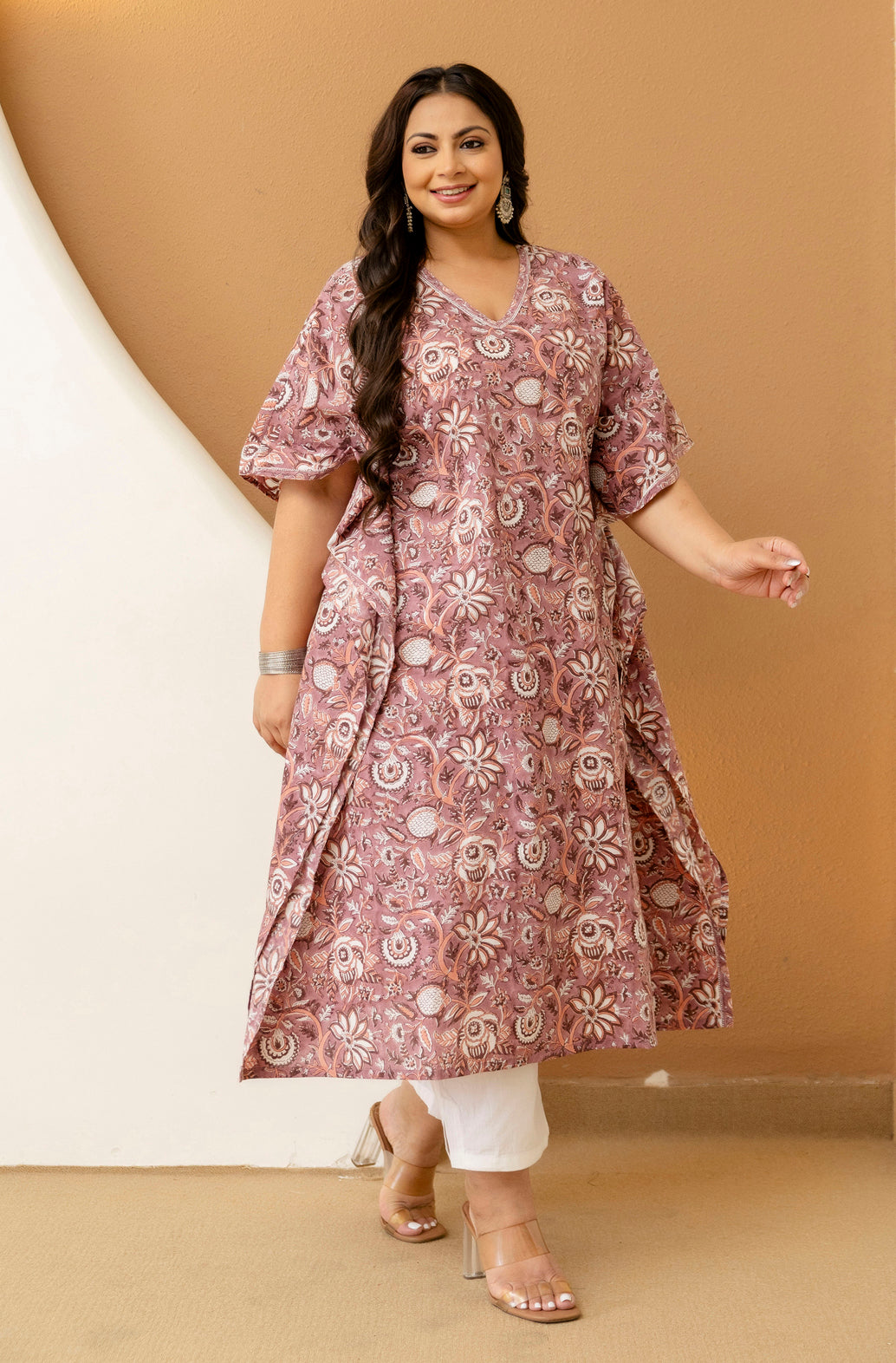 Floral Printed Plus Size Kaftan Kurta Set for Women