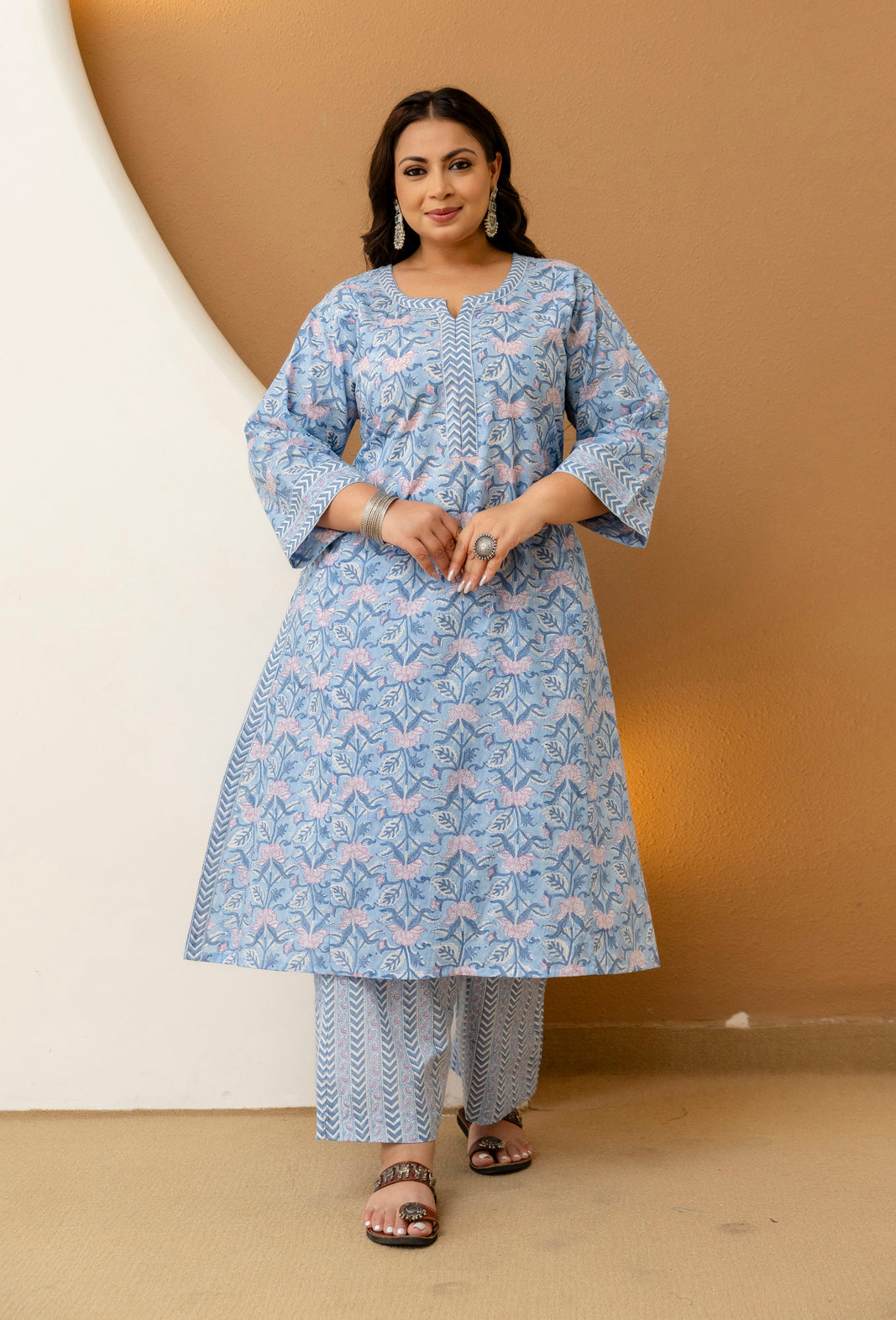 Sky Blue Printed Cotton Kurta Pant Set for Plus Size Women