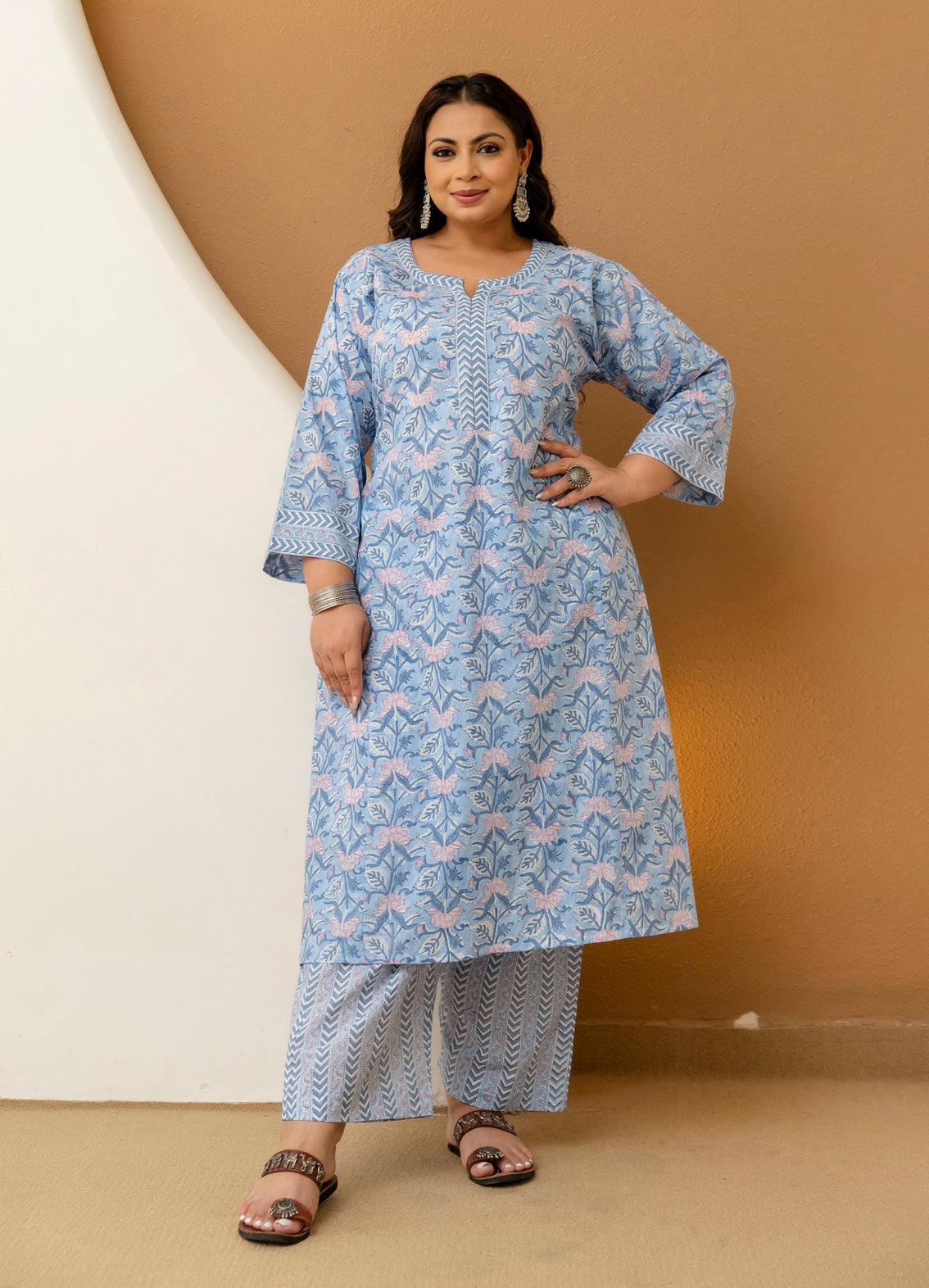 Sky Blue Printed Cotton Kurta Pant Set for Plus Size Women