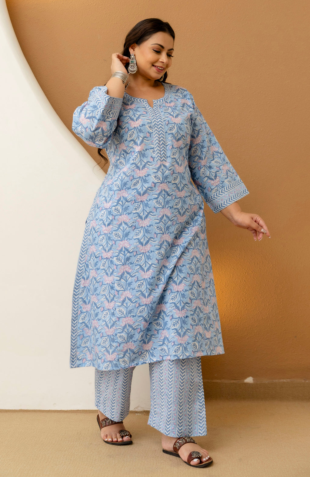 Sky Blue Printed Cotton Kurta Pant Set for Plus Size Women