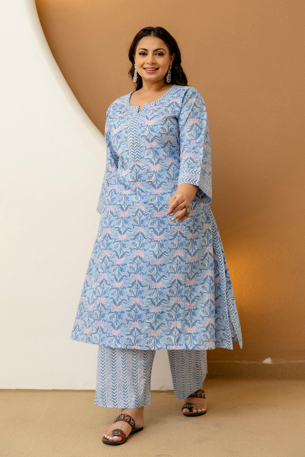 Sky Blue Printed Cotton Kurta Pant Set for Plus Size Women