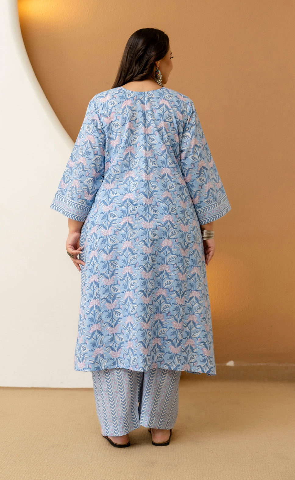 Sky Blue Printed Cotton Kurta Pant Set for Plus Size Women
