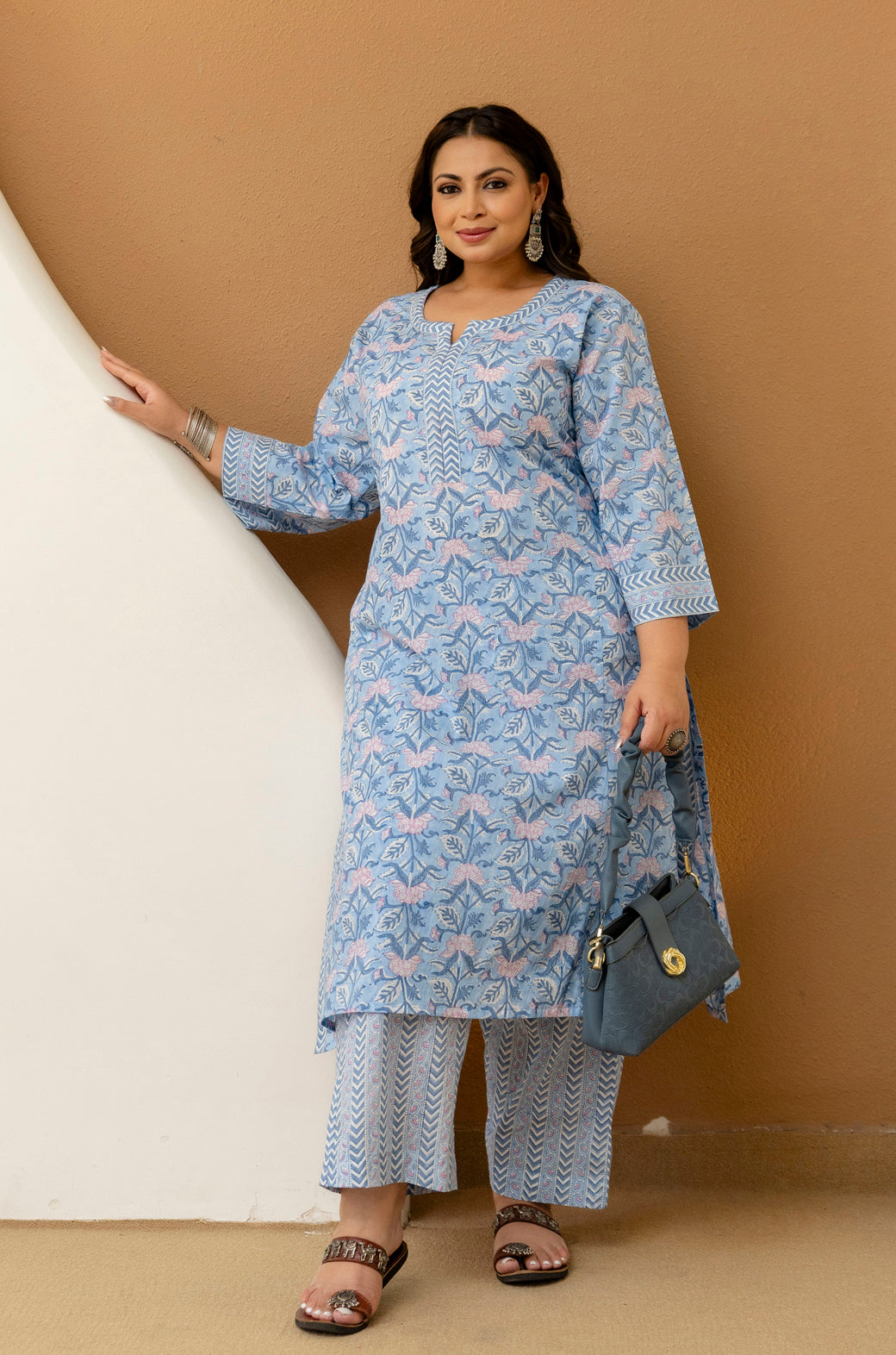 Sky Blue Printed Cotton Kurta Pant Set for Plus Size Women