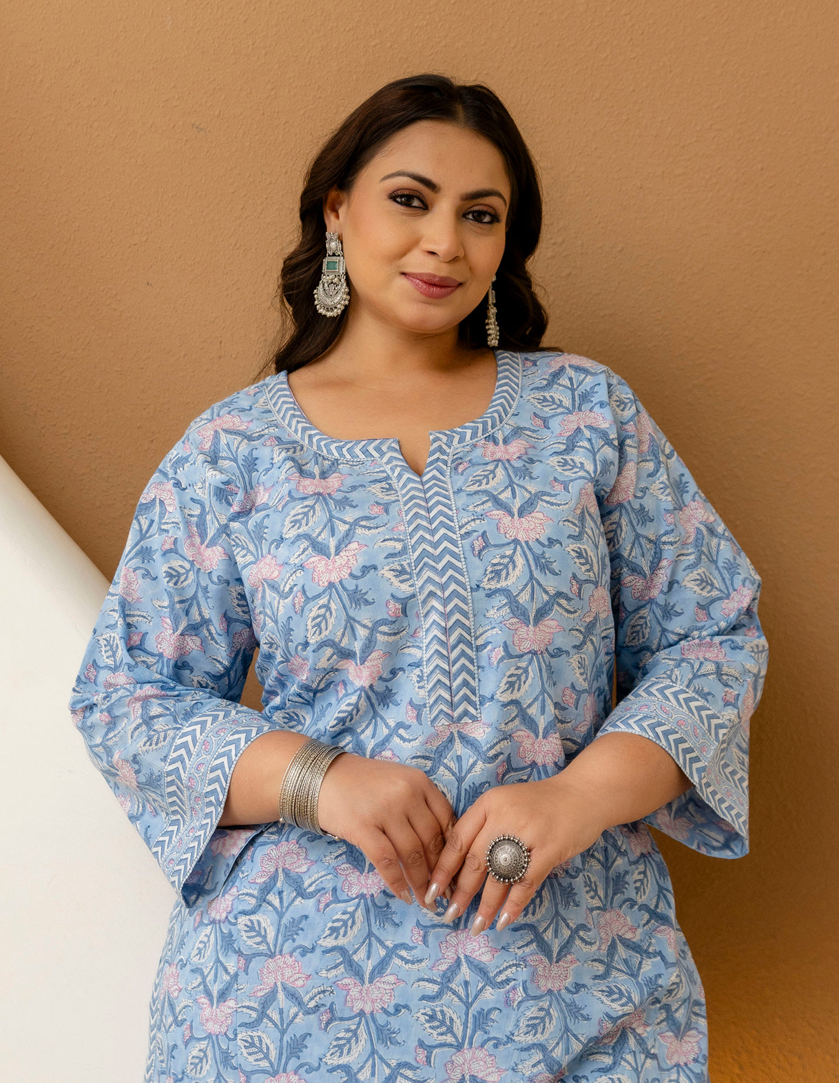 Sky Blue Printed Cotton Kurta Pant Set for Plus Size Women