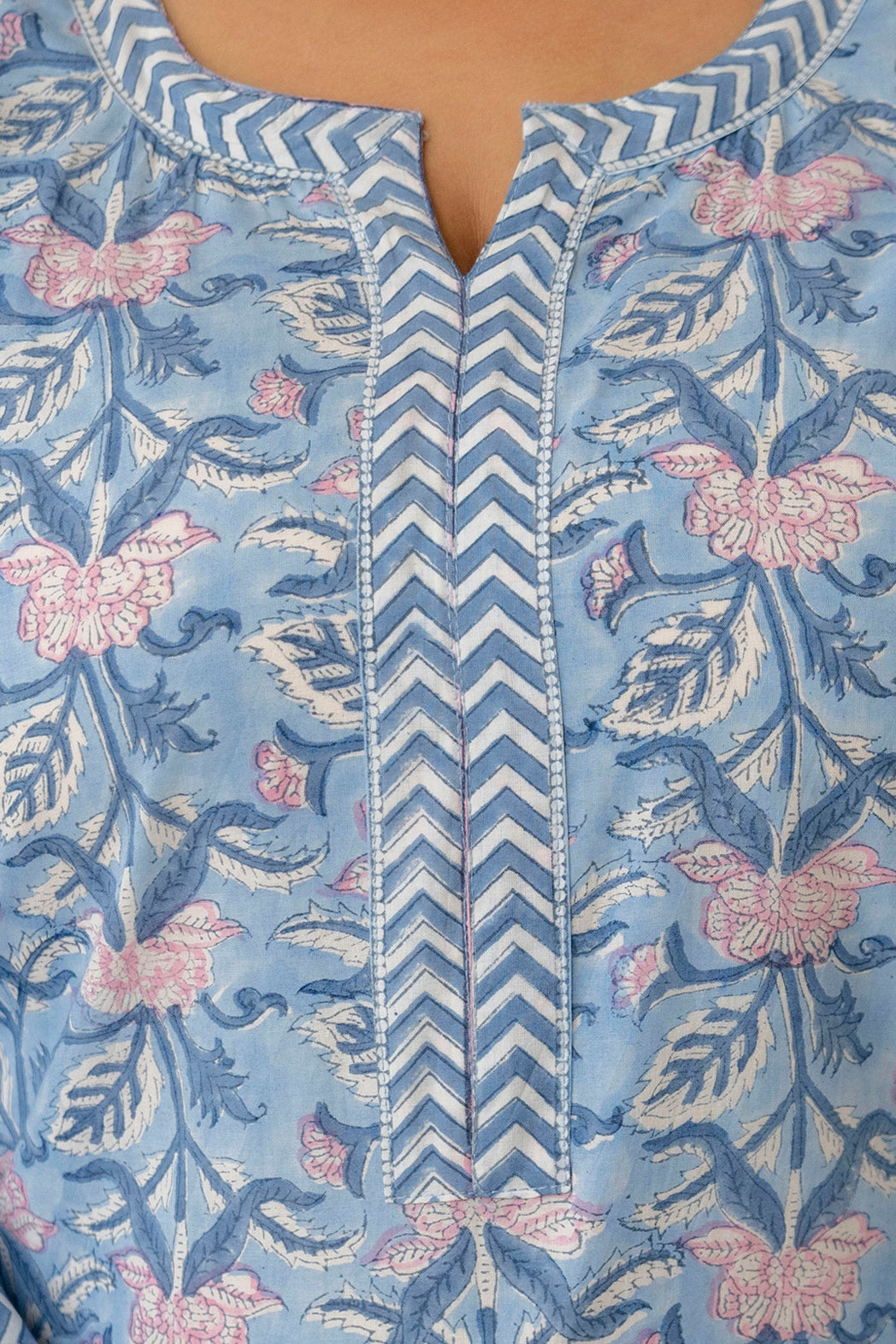 Sky Blue Printed Cotton Kurta Pant Set for Plus Size Women
