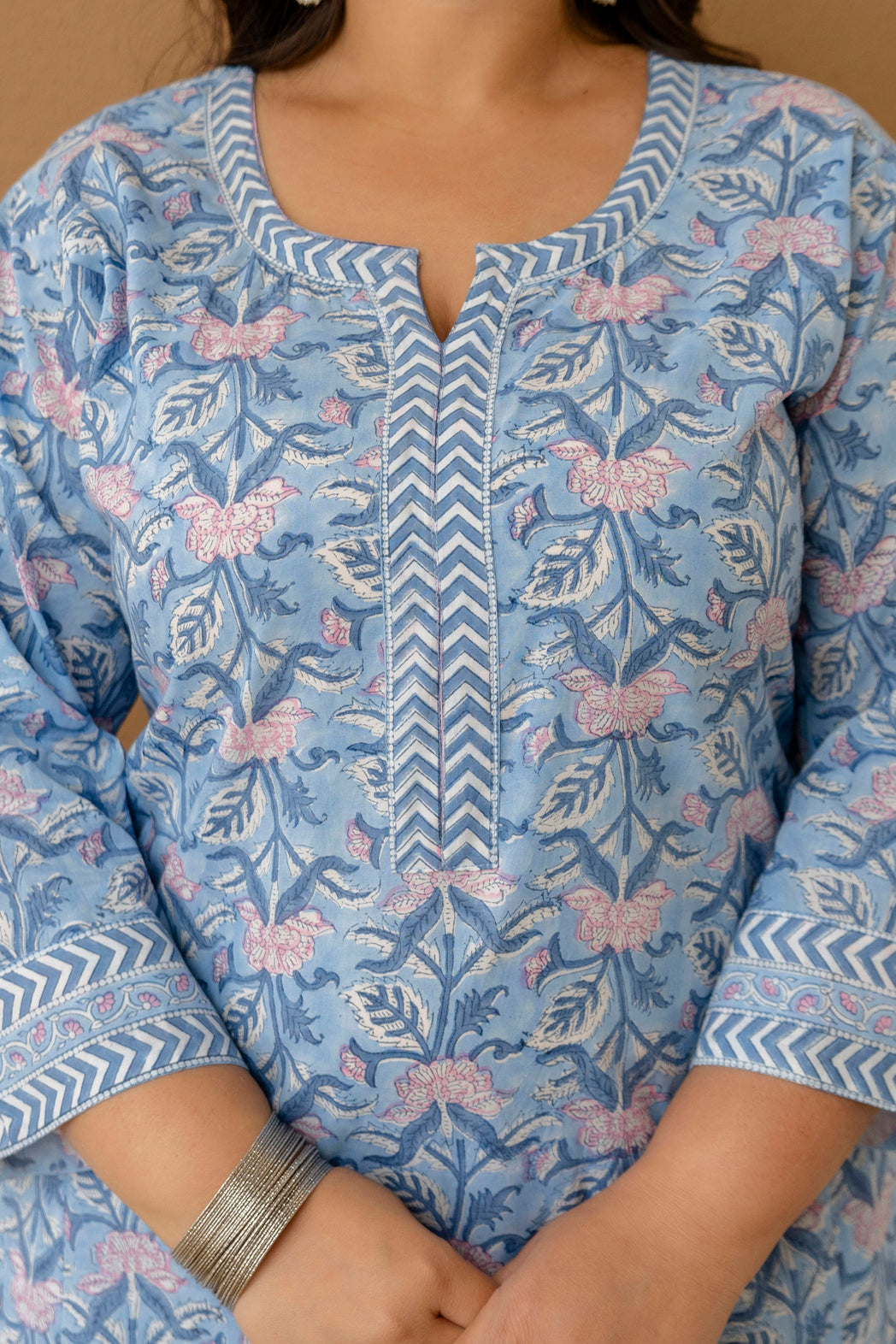 Sky Blue Printed Cotton Kurta Pant Set for Plus Size Women