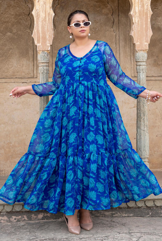 Blue Chiffon Dress With Rayon Inner