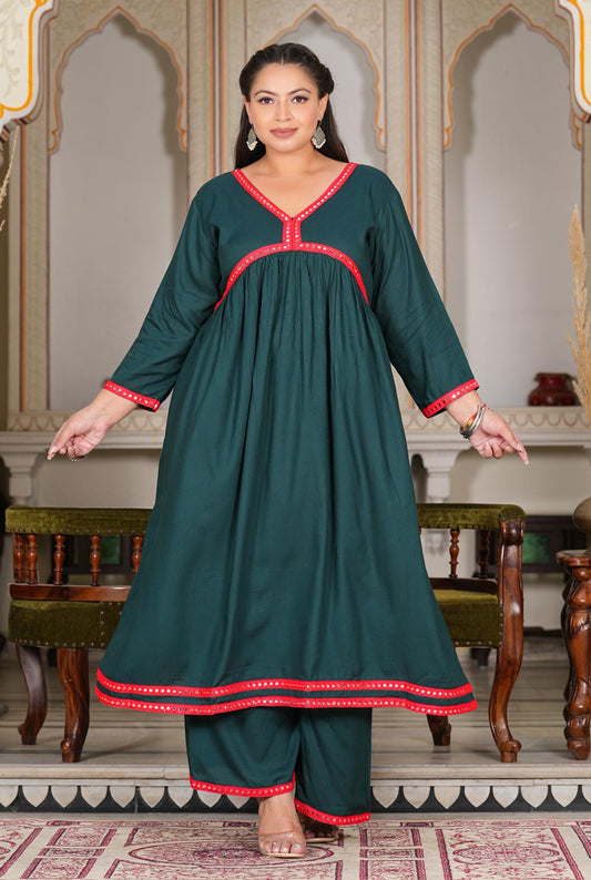 Teal Rayon Gathered Kurta Set With Mirror Detailing