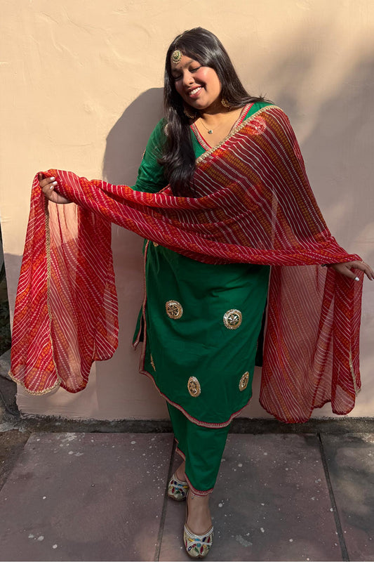 Green Cotton Kurta Set With Chifon Duppatta