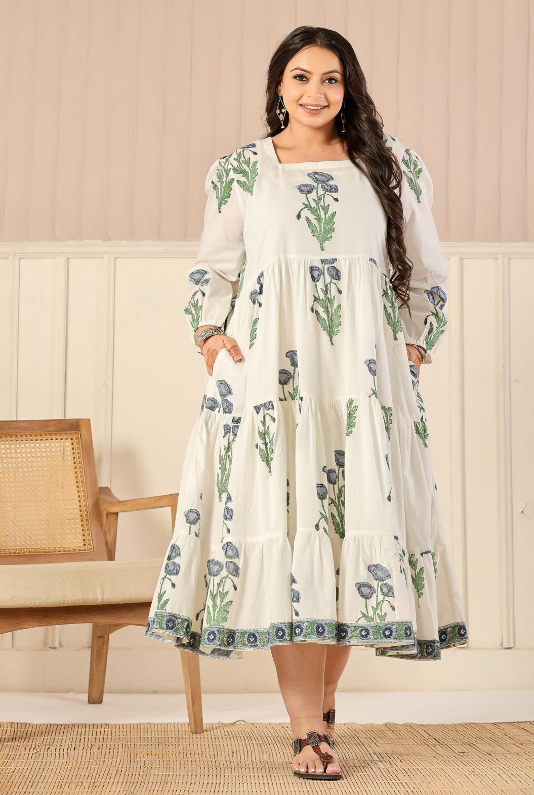 White & Grey Cotton Dress with Flare