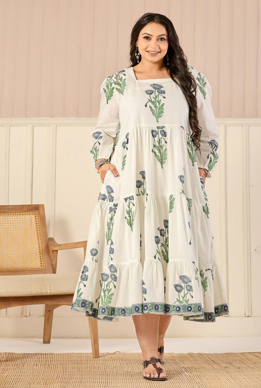 White & Grey Cotton Dress with Flare