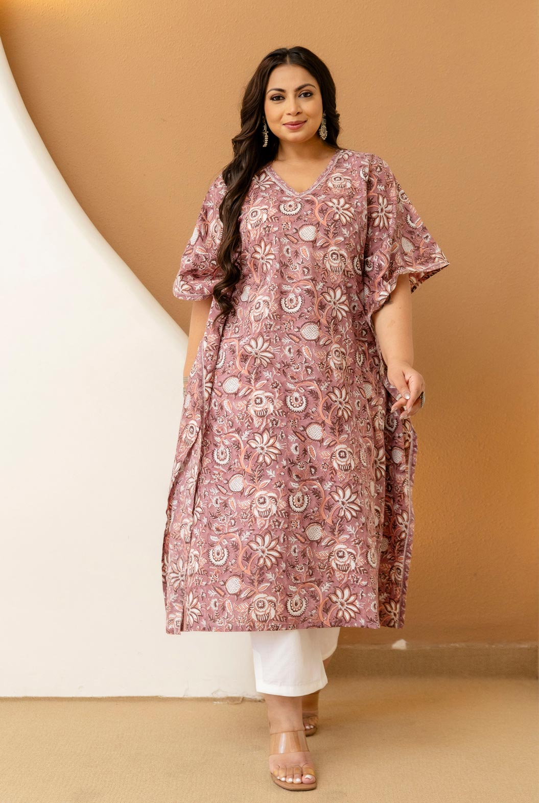 Floral Printed Plus Size Kaftan Kurta Set for Women