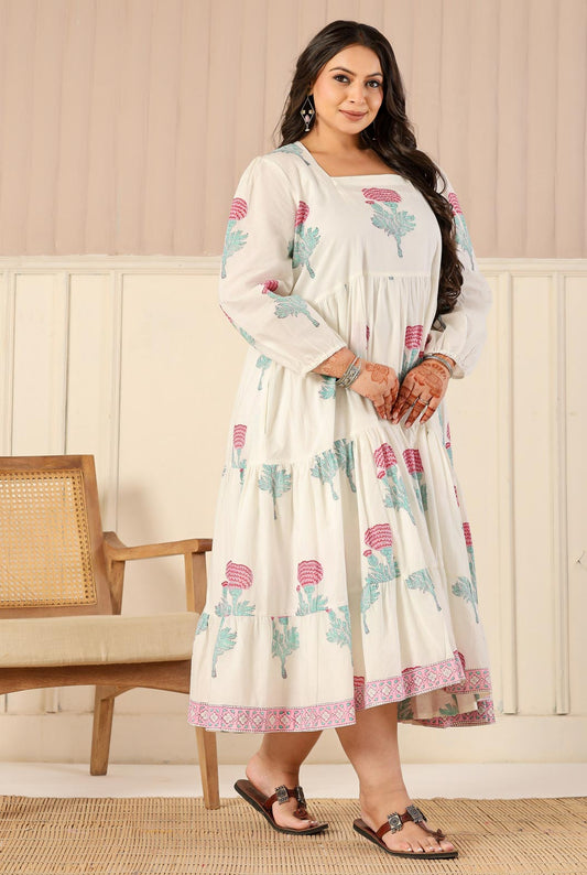 White & Pink Cotton Dress with Flare