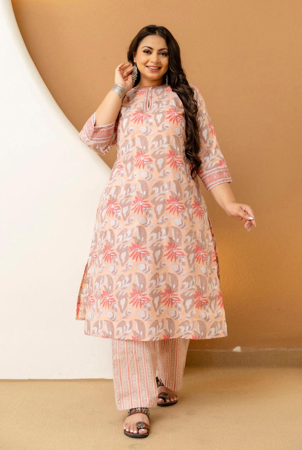Plus Size Peach Floral Cotton Kurta Pant Set for Women