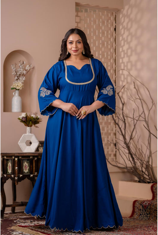 Blue Gown with Scallop Detailing and Intricate Zari Embroidery