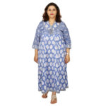 Damyantii Women’s Blue Floral Printed Long Length Cotton Dress in Sizes: 2XL – 5XL