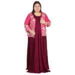 Damyantii Plus Size Set Wine Gown with Hot Pink Cotton Silk Jacket  in Sizes: 2XL – 5XL