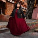 Damyantii Plus Size Set of Maroon Gown with Handblock Printed Jacket In Size 2XL – 5XL