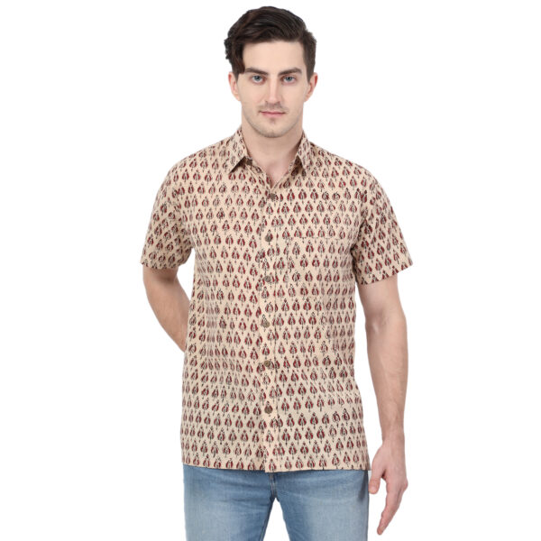 Hand Block Print Jaipuri Beige Boota Men’s Shirt (BSHS0309)