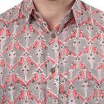 Jaipuri Hand Block Parrot Print Grey & Pink Half Sleeve Shirt (BSHS0311)