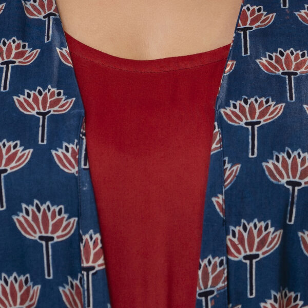 Handblock Lotus Indigo Cotton Dress with Rayon Inner